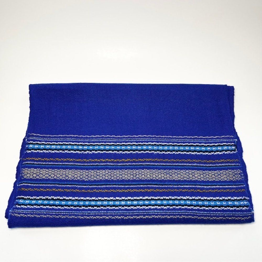Vintage Woven Scarf Wrap Fringe Cobalt Blue Stitched Border